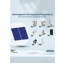 Montageset für Schrägdach oder Ziegeldach für zwei Module nebeneinander, inklusive Montagematerial und Made in Germany Kennzeichnung, GEMS Green Energy Mounting Systems Logo
