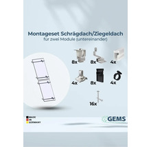 Montageset für Schrägdach oder Ziegeldach zur Befestigung von zwei Solarmodulen übereinander, inklusive Montagematerial und Schrauben. Hergestellt in Deutschland.