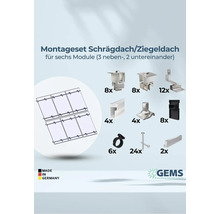 Montageset für Schrägdach oder Ziegeldach für sechs Module mit verschiedenen Halterungen und Schrauben