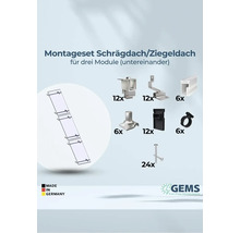 Montageset für Schrägdach oder Ziegeldach für drei Module mit verschiedenen Montageelementen und Schrauben