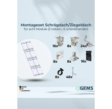 Montageset für Schrägdach oder Ziegeldach für acht Module, inklusive Befestigungsmaterial und GEMS Green Energy Mounting Systems Logo