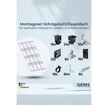 Montageset für Schräg- und Ziegeldächer für sechzehn Module, inklusive Befestigungsmaterial und Made in Germany Kennzeichen