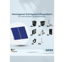 Montageset für Schrägdach oder Ziegeldach zur Installation von zwei Solarmodulen nebeneinander, inklusive Befestigungsmaterial und GEMS Logo