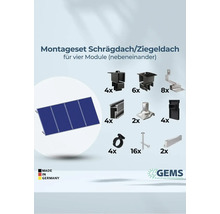 Montageset für Schräg- und Ziegeldächer für vier Module mit Zubehörteilen und GEMS Logo