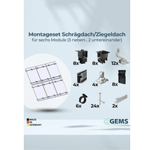 Montageset für Schräg- und Ziegeldächer für sechs Module, bestehend aus verschiedenen Montageelementen und Schrauben. Made in Germany.