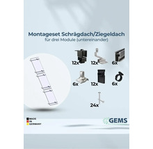 Montageset für Schrägdach oder Ziegeldach zur Installation von drei Solarmodulen, inklusive Dachhaken, Modulklemmen, Schrauben und Profilschienen. Hergestellt in Deutschland. GEMS Logo.