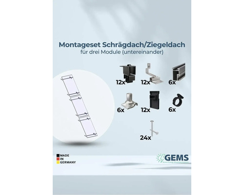 Montageset für Schrägdach oder Ziegeldach zur Installation von drei Solarmodulen, inklusive Dachhaken, Modulklemmen, Schrauben und Profilschienen. Hergestellt in Deutschland. GEMS Logo.