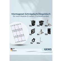 Montageset für Schrägdach oder Ziegeldach zur Installation von neun Solarmodulen, inklusive Montagematerial und GEMS Green Energy Mounting Systems Logo