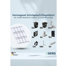 Montageset für Schrägdach oder Ziegeldach für zwölf Module mit Made in Germany Siegel und GEMS Green Energy Mounting Systems Logo