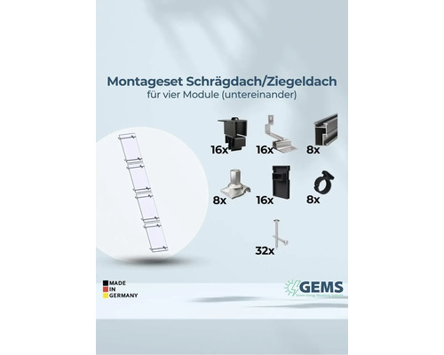 Montageset für Schrägdach und Ziegeldach für vier Module, hergestellt in Deutschland