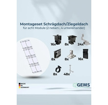 Montageset für Schrägdach und Ziegeldach, geeignet für acht Module, inklusive Montagematerial und GEMS Logo