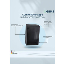 Gummi Endkappe für 70 mm x 37 mm Schiene aus Polyvinylchlorid, Höhe 74 mm, Breite 49,5 mm, Länge 25 mm, hergestellt in Deutschland, schützt vor Wind und Wetter