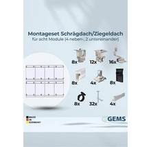 Montageset für Schräg- und Ziegeldächer für acht Module, inklusive Montagezubehör und GEMS Logo