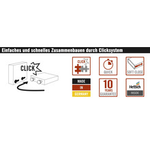Einfaches Zusammenbauen durch Klicksystem, Made in Germany, 10 Jahre Garantie, Soft Close, Hettich Logo