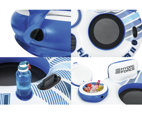 Detailansichten eines Hydro Force Schwimmrings mit Getränkehalter, Lautsprecher und Haltegriffen