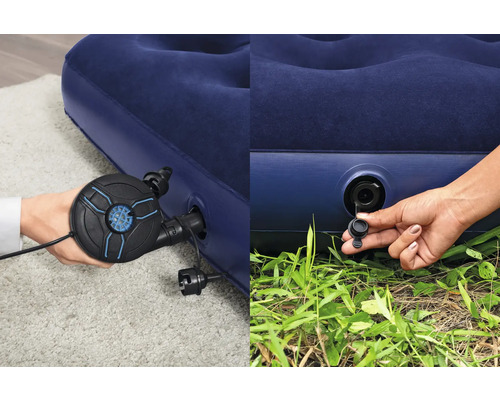 Aufblasbares Gästebett mit Pumpe und Verschlussstopfen im Detail