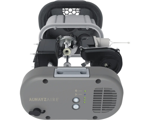 Innenansicht einer Alwaysaire Luftpumpe mit Details zu Mechanik und Elektronik