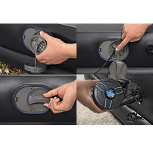 Detailansicht eines Luftbetts mit zugehöriger Pumpe und Ventilsystem