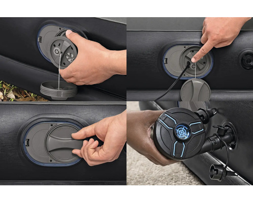 Detailansicht eines Luftbetts mit zugehöriger Pumpe und Ventilsystem