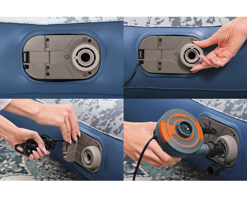 Detailansicht eines Luftbetts mit integrierter Pumpe und einer Person, die die Pumpe bedient