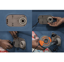 Detailansicht einer Luftmatratze mit integrierter Pumpe und externer Pumpe im Einsatz