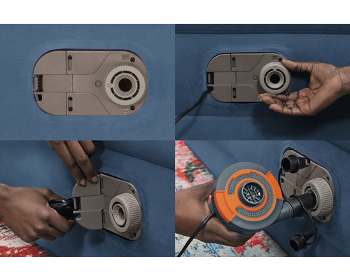 Detailansicht einer Luftmatratze mit integrierter Pumpe und externer Pumpe im Einsatz