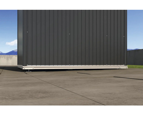 Ansicht einer Gartenbox aus Metall auf einem ebenen Untergrund