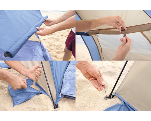 Aufbau eines Strandzeltes im Sand