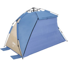 Blaues Strandzelt mit Windschutz.