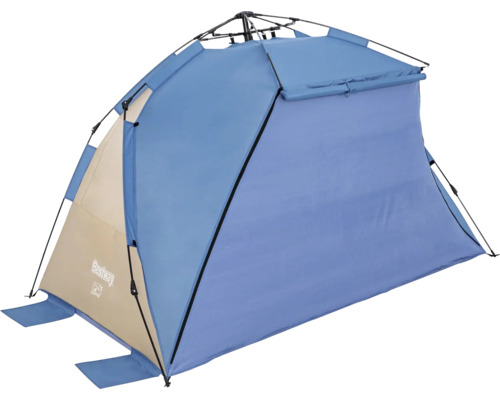 Blaues Strandzelt mit Windschutz.