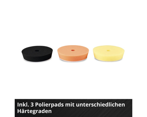 Drei Polierpads mit unterschiedlichen Härtegraden