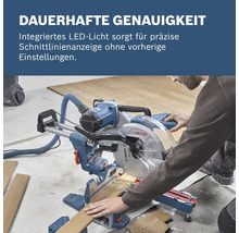 Gehrungssäge beim Schneiden von Holz mit einem Mann im Bild