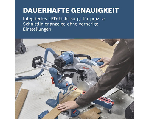 Gehrungssäge beim Schneiden von Holz mit einem Mann im Bild