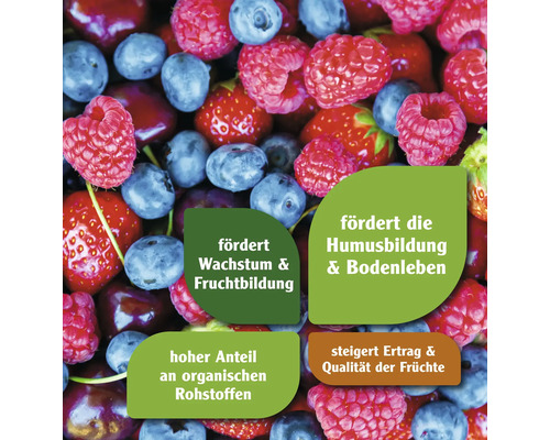 Produktbild mit Hinweisen zu Wachstum, Humusbildung, organischen Rohstoffen sowie Ertrags- und Qualitätssteigerung.
