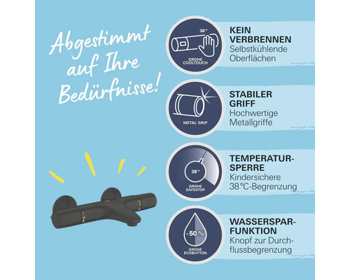 Dunkelgraue Duscharmatur mit Informationen zu Cooltouch, Metallgriff, SafeStop und Wassersparfunktion