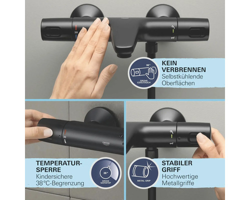 Grohe Duscharmatur mit Cooltouch Funktion, Temperaturbegrenzung und Metallgriffen