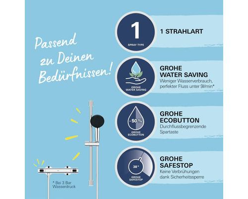 Grohe Duschsystem mit Wassersparfunktion, EcoButton und SafeStop