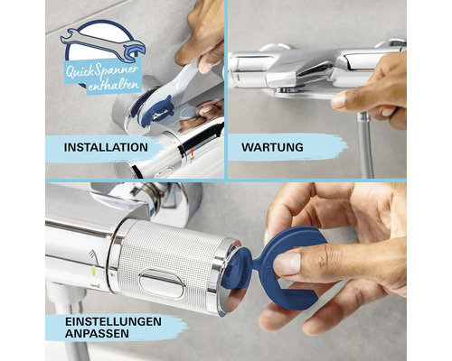 Duscharmatur mit den Optionen Installation, Wartung und Einstellungen anpassen
