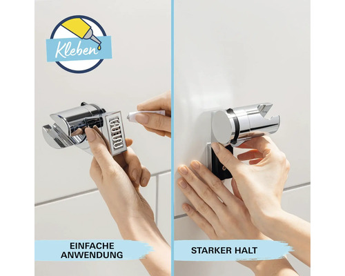 Duschkopfhalterung wird mit Kleber an der Wand befestigt