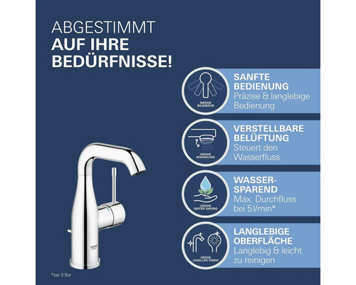 Grohe Armatur mit Hinweisen zu Eigenschaften wie leichtgängiger Bedienung, einstellbarer Belüftung, Wassersparfunktion und langlebiger Oberfläche