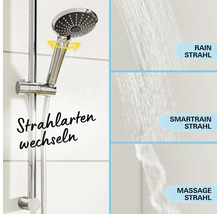 Brausestange mit Handbrause und drei Strahlarten: Regenstrahl, Smartrain Strahl und Massagestrahl.