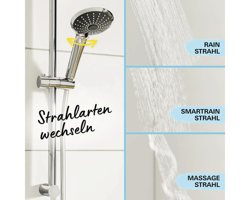 Brausestange mit Handbrause und drei Strahlarten: Regenstrahl, Smartrain Strahl und Massagestrahl.