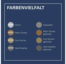 Farbauswahl mit Chrom, Supersteel, Warm Sunset, Warm Sunset gebürstet, Cool Sunrise, Cool Sunrise gebürstet, Hard Graphite und Hard Graphite gebürstet