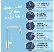 Küchenarmatur mit Produktvorteilen: 150 Grad Drehung, blei- und nickelfrei, sanfte Bedienung, hoher Auslauf, langlebige Oberfläche