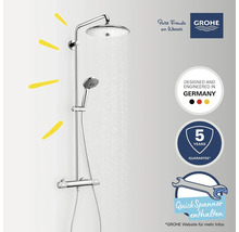Duschsystem mit Kopf- und Handbrause sowie Thermostatarmatur. Inklusive fünf Jahre Garantie und Schnellspanner. Grohe Logo.
