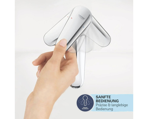 Bedienelement einer Armatur mit Hand und Grohe SilkMove Symbol