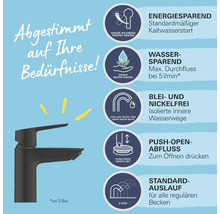 Armatur mit Hinweisen zu Energieeinsparung, Wassersparen, Bleifreiheit, Nickel Freiheit, Push Open Ablauf und Standardauslauf