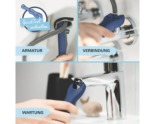 Anwendungsbeispiele für einen blauen Montagewinkel für Armaturen