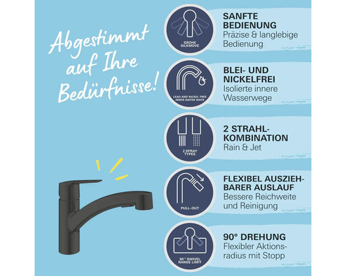 Küchenarmatur mit ausziehbarem Auslauf und verschiedenen Funktionen.