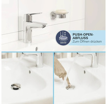 Waschbecken mit Armatur, Seifenschale und Push-Open-Ablaufgarnitur zur einfachen Bedienung